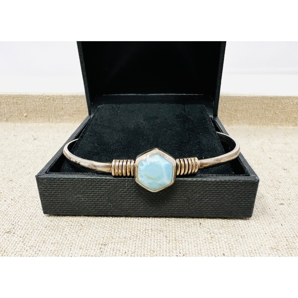 Sterling Silver Larimar Hexagon Wire Wrapped Cuff Bracelet